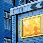 An illustration of blue apartment buildings with a window lit. There is a person in the lit window typing on a computer.