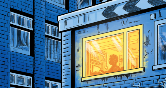 An illustration of blue apartment buildings with a window lit. There is a person in the lit window typing on a computer.