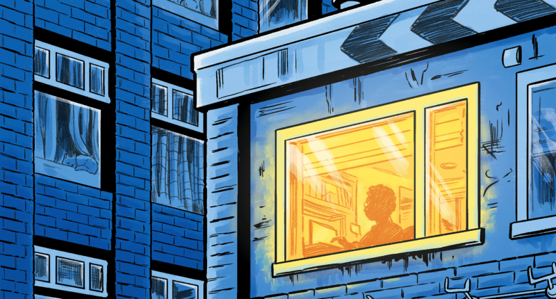 An illustration of blue apartment buildings with a window lit. There is a person in the lit window typing on a computer.