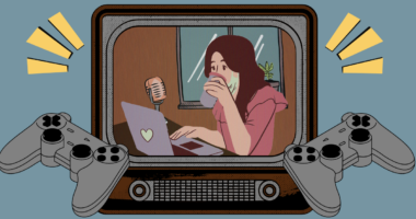 Video game screen in which a person with long hair sits at a desk working on their podcast.