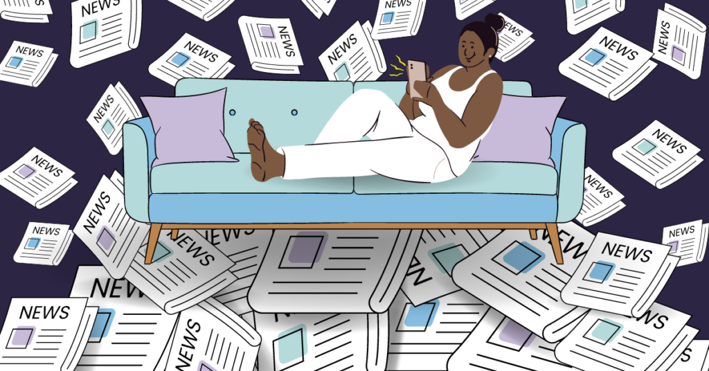 An illustration of a woman on a blue couch scrolling through her phone. There are images of multiple newspapers in the background.