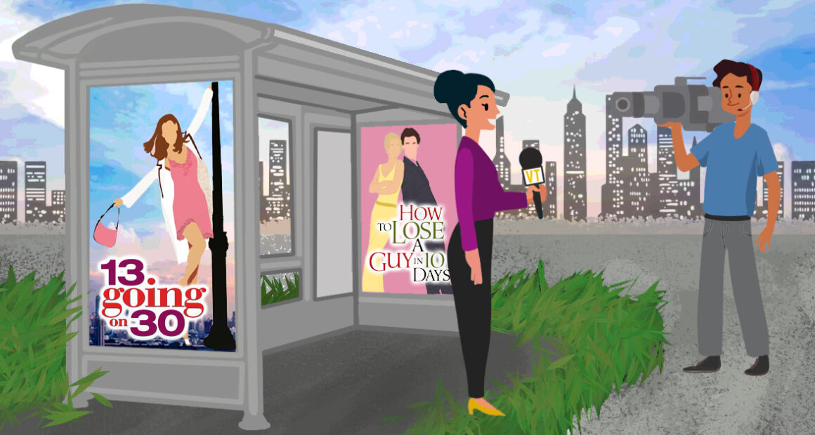 An illustration of a reporter and a cameraman beside a bus stop with rom-com movie posters.