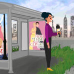 An illustration of a reporter and a cameraman beside a bus stop with rom-com movie posters.