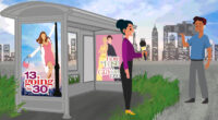 An illustration of a reporter and a cameraman beside a bus stop with rom-com movie posters.