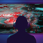 Someone sitting in front of a television screen with gaming headphones on