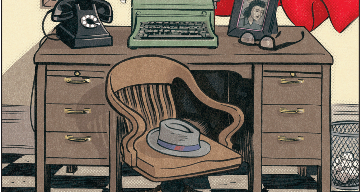 Clark Kent's office, equipped with a desk, chair, his hat and glasses, a photo of a woman, and his cape.