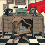 Clark Kent's office, equipped with a desk, chair, his hat and glasses, a photo of a woman, and his cape.