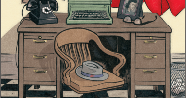 Clark Kent's office, equipped with a desk, chair, his hat and glasses, a photo of a woman, and his cape.