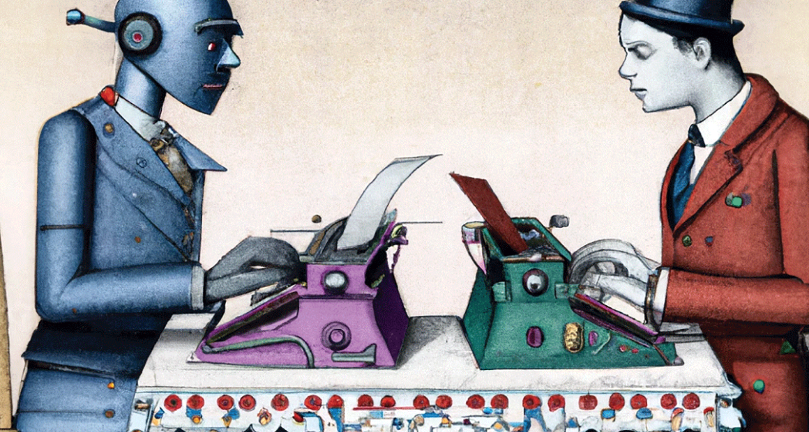 An illustration of a robot and a human facing each other typing on typewriters