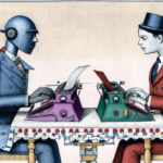 An illustration of a robot and a human facing each other typing on typewriters