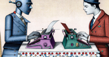 An illustration of a robot and a human facing each other typing on typewriters