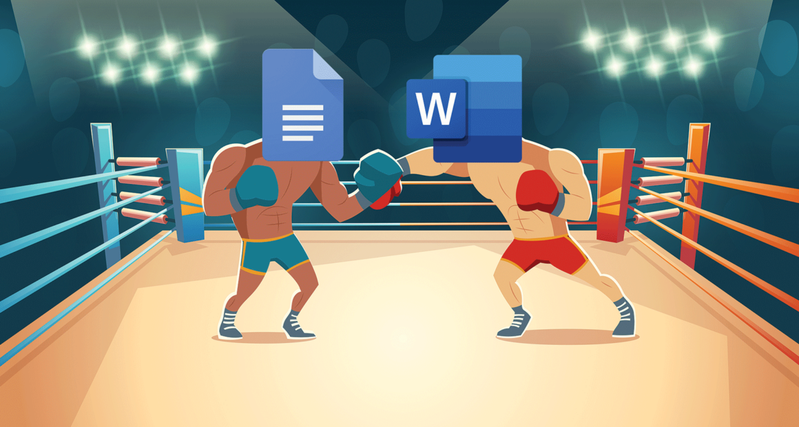 An illustration of Microsoft Word a Google Doc in a boxing ring.