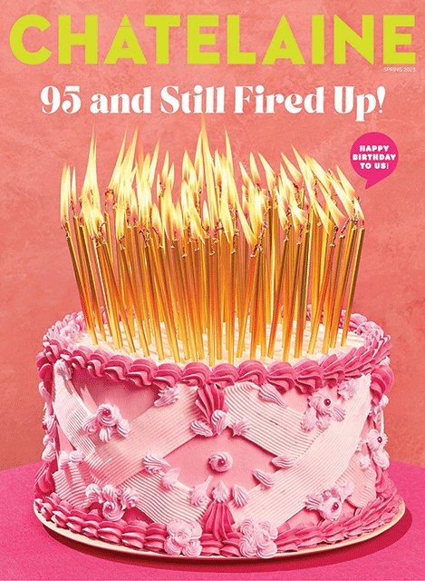 The magazine cover of Chatelaine's 95th anniversary featuring a decorated pink cake with several gold candles.