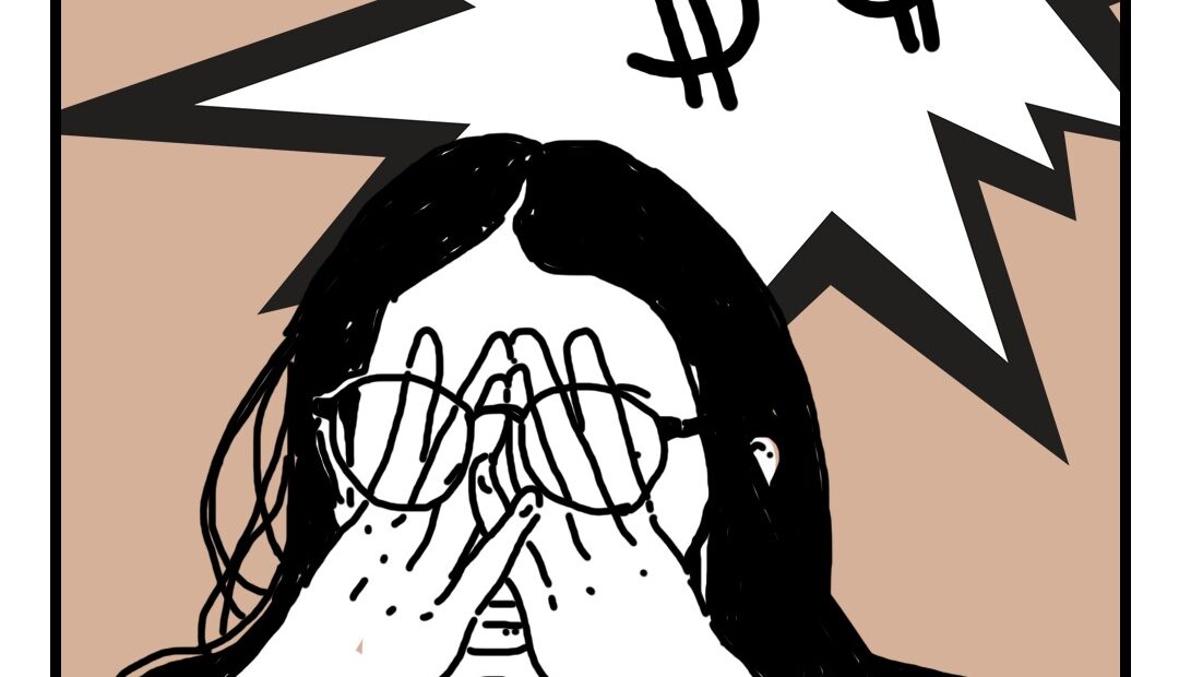 An illustration of a black-haired female editor placing her hands on her face in frustration. There are two dollar symbols emphasized in the background above her head.