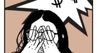 An illustration of a black-haired female editor placing her hands on her face in frustration. There are two dollar symbols emphasized in the background above her head.