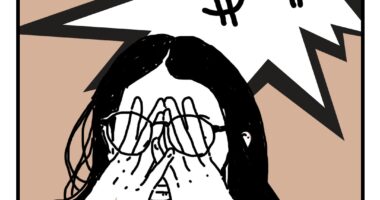 An illustration of a black-haired female editor placing her hands on her face in frustration. There are two dollar symbols emphasized in the background above her head.