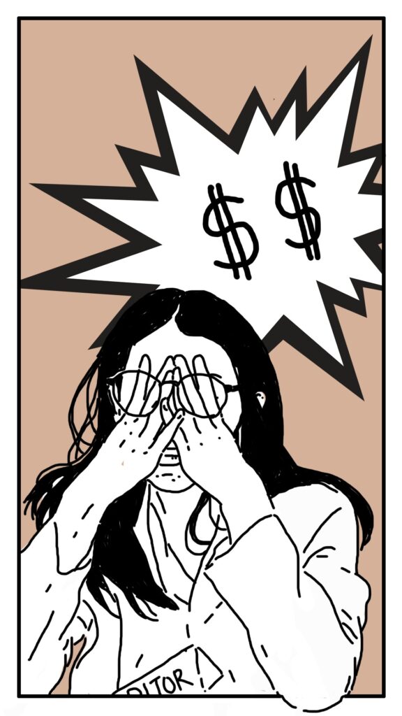 An illustration of a black-haired female editor placing her hands on her face in frustration. There are two dollar symbols emphasized in the background above her head.