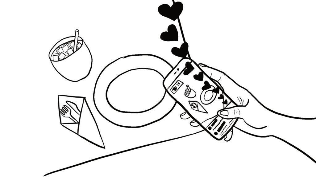 Illustration of someone caption a social media post of their table setting.