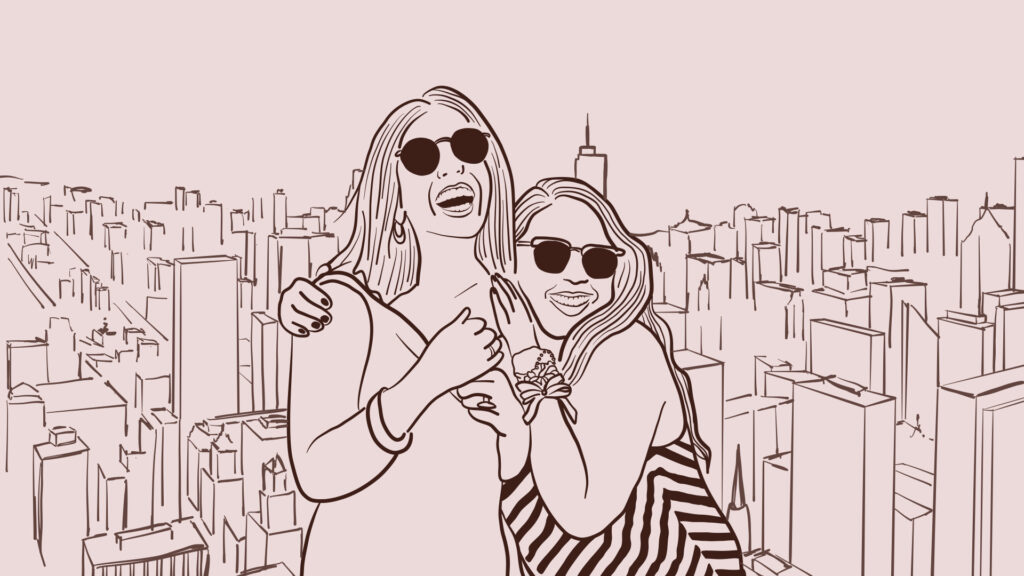 Illustration of two friends standing close and smiling.