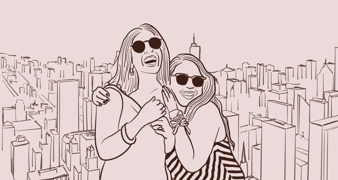 Illustration of two friends standing close and smiling.