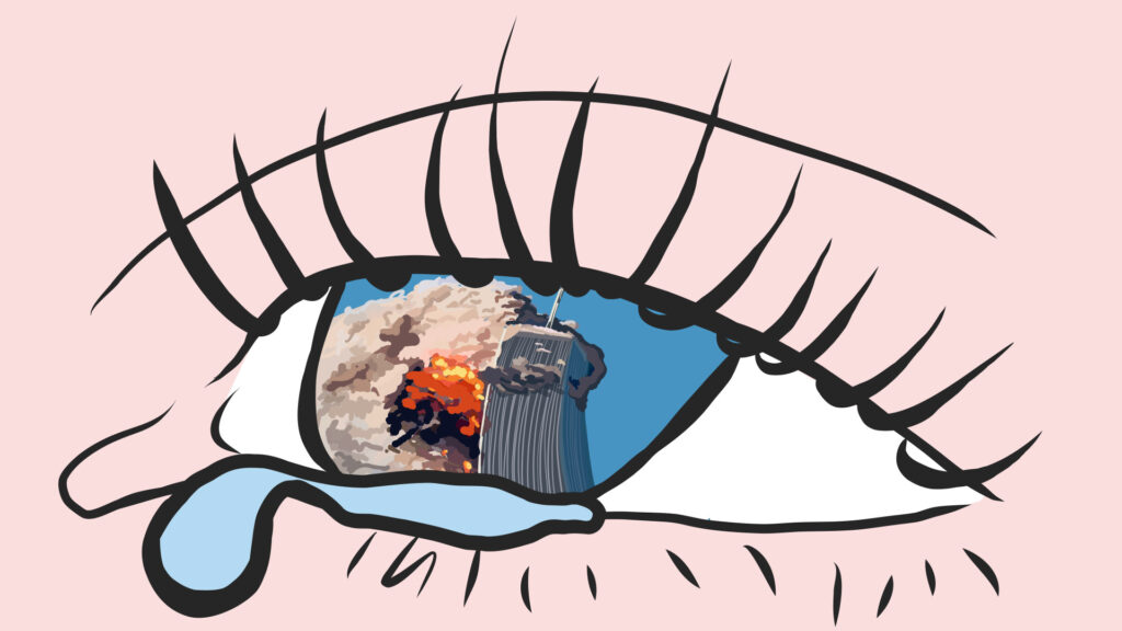 Close up illustration of a eye tearing up with the reflection of one of the twin towers burning in the pupil.