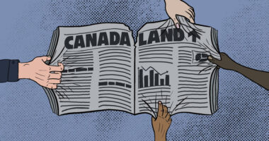 An illustration of a newspaper with the title “CanadaLand” being written across the top. One hand on the left side tugging the newspaper towards it, and three hands on the right tugging the opposite way, causing there to be a tier on the top middle.