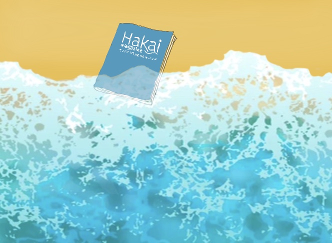 An Illustration of a magazine with Hakai Magazine written on the front washed up on the shore.