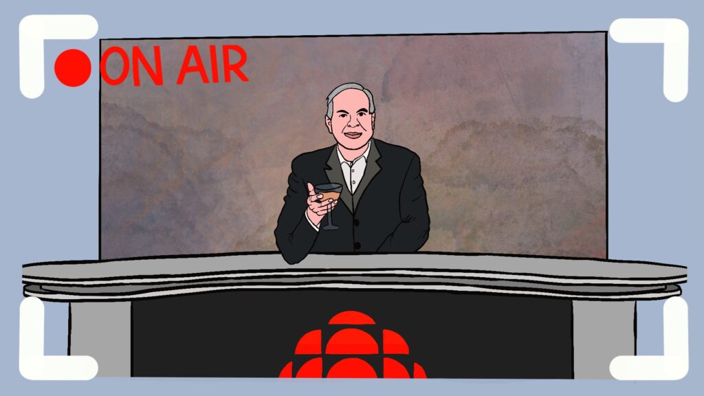 An illustration of Bob McKeown, sitting behind a CBC desk, with a martini in his hand, toasting to the camera which is live, on air.