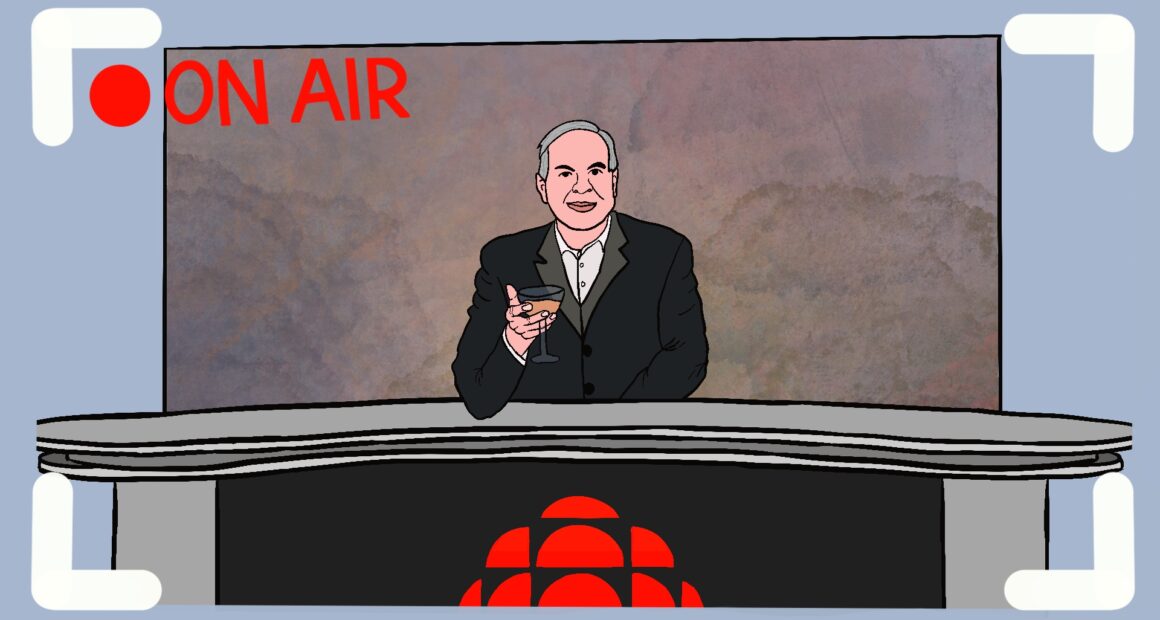 An illustration of Bob McKeown, sitting behind a CBC desk, with a martini in his hand, toasting to the camera which is live, on air.