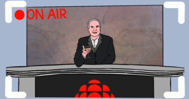 An illustration of Bob McKeown, sitting behind a CBC desk, with a martini in his hand, toasting to the camera which is live, on air.