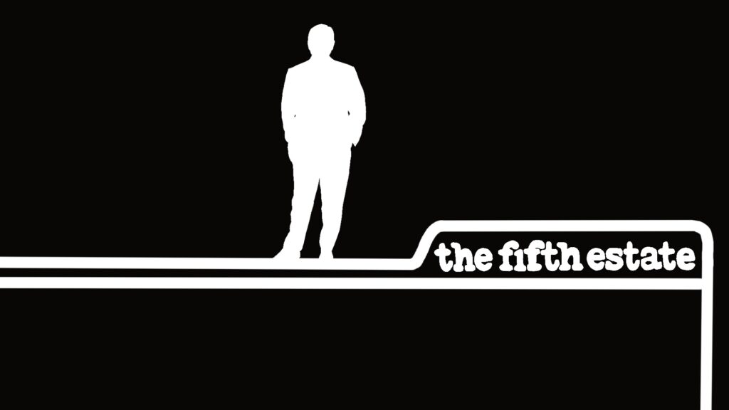 An illustration of a Bob McKeown silhouette standing on the previous The Fifth Estate folder logo.