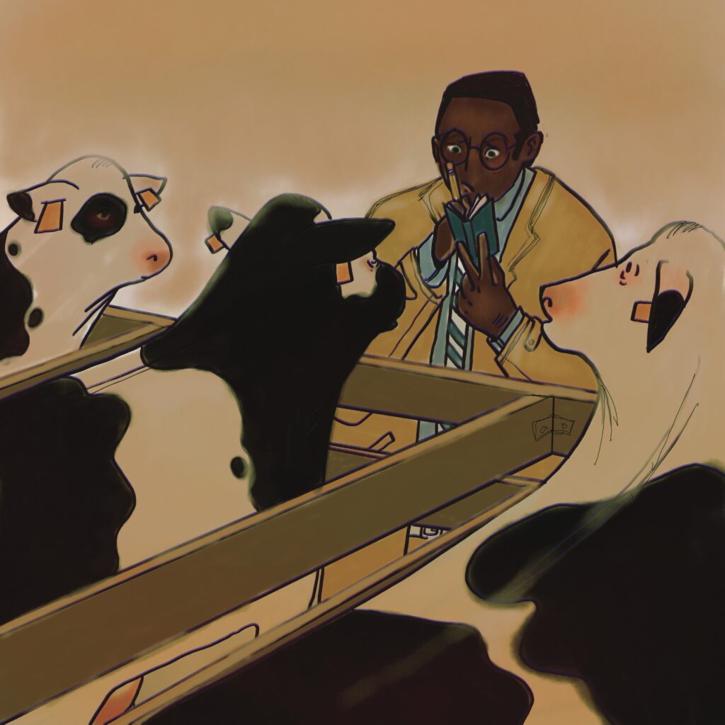 Three cows are seen facing a reporter; he wears a yellow trench coat with light blue collars and a blue striped tie.