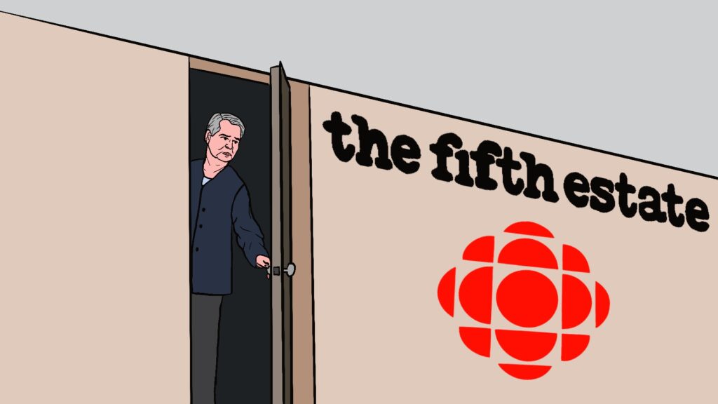 An illustration of Bob McKeown looking back while closing the door to a building with “The Fifth Estate” written on the side with the CBC logo underneath it.