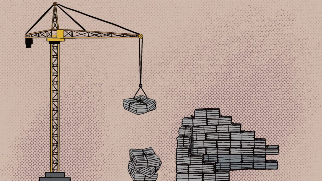 An Illustration of a yellow construction crane holding up a stack of newspapers. There are stacks of newspapers in an outline of a building beside the stack of newspapers the crane is grabbing the newspaper from.