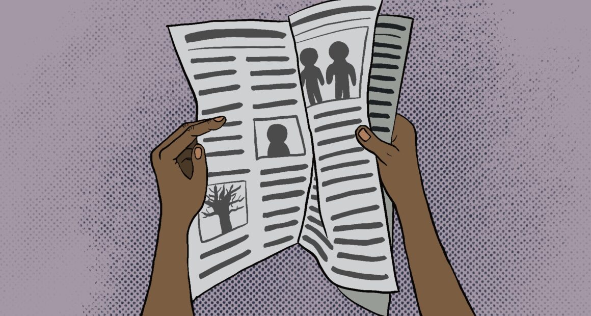 An Illustration of a person’s hand holding a newspaper, flipping through the pages.