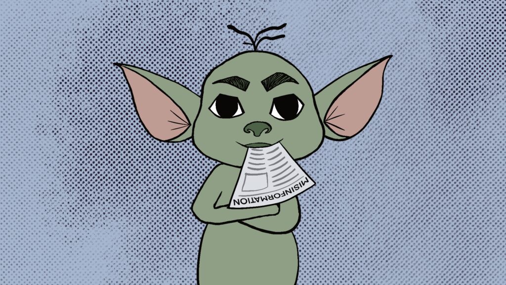 An illustration of a green troll munching on a newspaper with the headline “misinformation.”