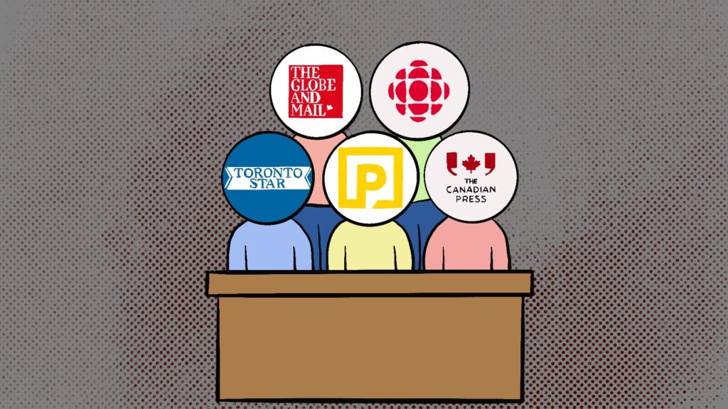 An illustration of five Canadian media company logos sitting in a courtroom. The five companies are the Globe and Mail, CBC-Radio, Toronto Star, Postmedia, and The Canadian Press.