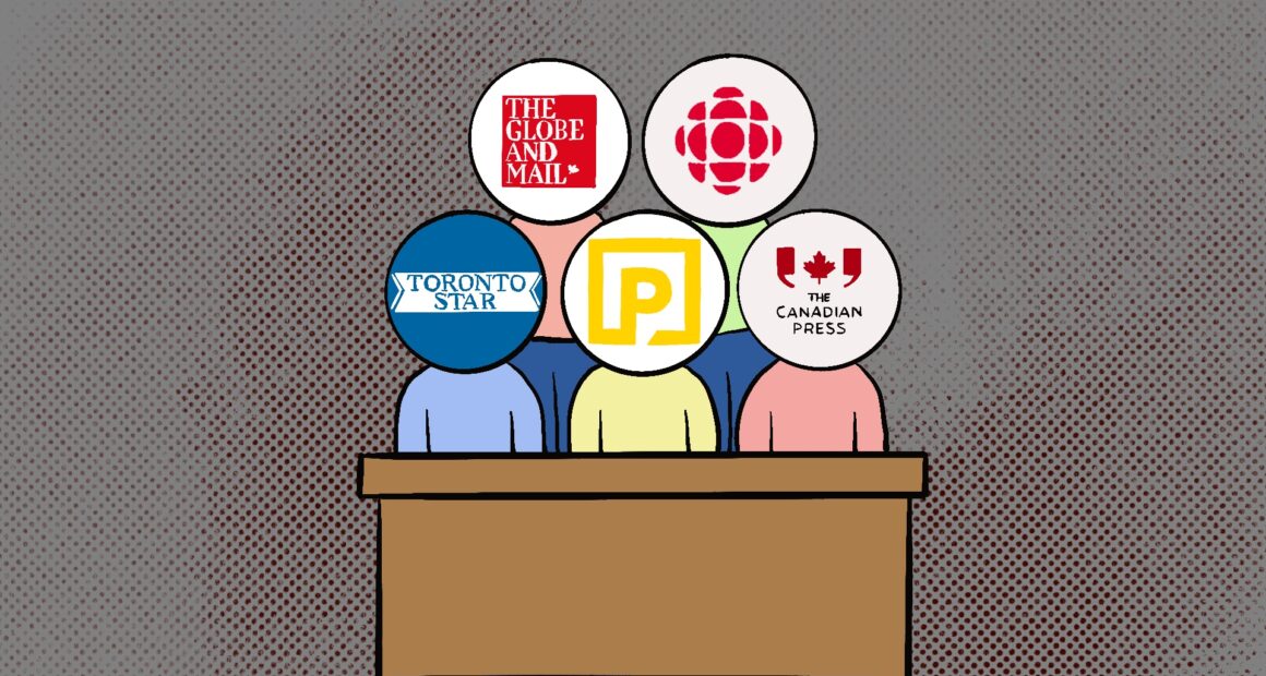 An illustration of five Canadian media company logos sitting in a courtroom. The five companies are the Globe and Mail, CBC-Radio, Toronto Star, Postmedia, and The Canadian Press.