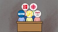 An illustration of five Canadian media company logos sitting in a courtroom. The five companies are the Globe and Mail, CBC-Radio, Toronto Star, Postmedia, and The Canadian Press.