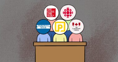 An illustration of five Canadian media company logos sitting in a courtroom. The five companies are the Globe and Mail, CBC-Radio, Toronto Star, Postmedia, and The Canadian Press.