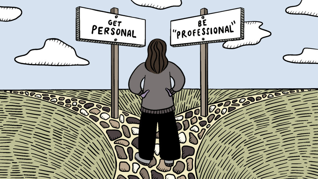 A person stands at a fork in a stone path, facing two signs that read "GET PERSONAL" and "BE PROFESSIONAL," appearing to contemplate which direction to take. The background features rolling green hills, a blue sky, and fluffy clouds, emphasizing the choice between personal narrative and impartial perspective.
