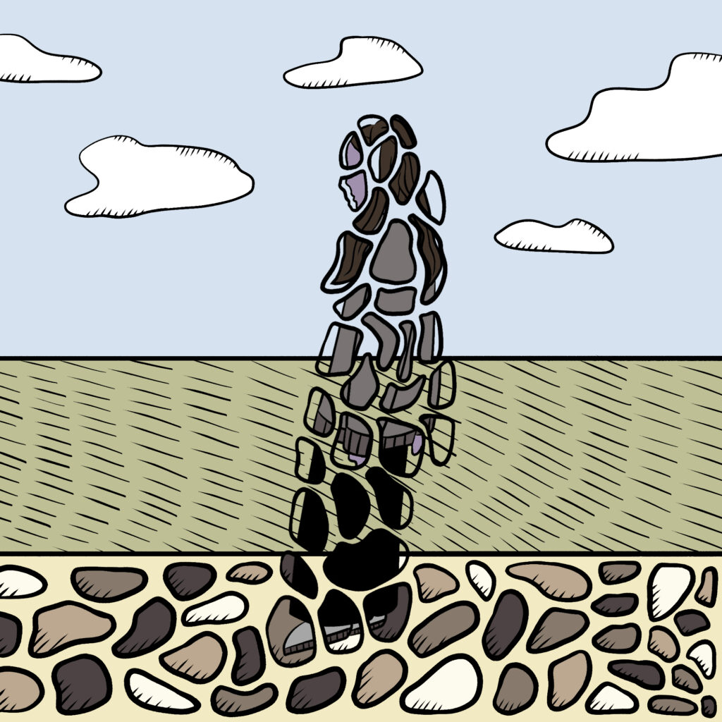 An illustration shows a human figure made of scattered stones, blending into a pebble-covered ground. The background features a grassy horizon under a light blue sky with fluffy clouds.
