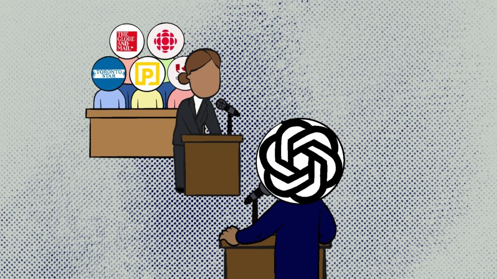 An illustration of five media company logos sitting in a courtroom, behind a person speaking into a microphone. The person speaking into the microphone is arguing against the logo for OpenAI, which is facing a group of media companies.