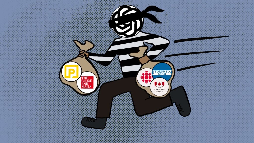 An illustration of a robber dressed in black and white stripes and a black bandana, is running away with two bags. Inside the bags are the logos of five Canadian media companies. From left to right, the companies are Postmedia, the Globe and Mail, CBC-Radio, The Canadian Press and Toronto Star.