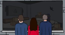 An illustration three ex-broadcasters, Alan Carter, Amber Kanwar, and Graham Richardson, looking into a shutdown newsroom, with boxes laid around and an attention sign on the television screen on the left side.