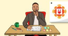 Illustration of Krishen Persad Brainstorming at his CBC desk