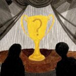 Four shadowed out figures are positioned around a brown-colored stage, with black curtains framing two sides of the image. A large golden trophy with a question mark is at the centre, and four headlights at the top of the image.
