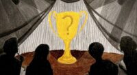 Four shadowed out figures are positioned around a brown-colored stage, with black curtains framing two sides of the image. A large golden trophy with a question mark is at the centre, and four headlights at the top of the image.