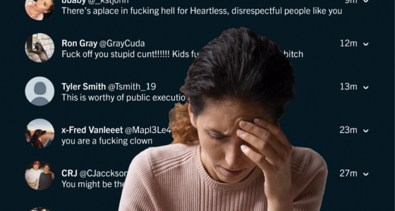 A woman in distress reading social media comments