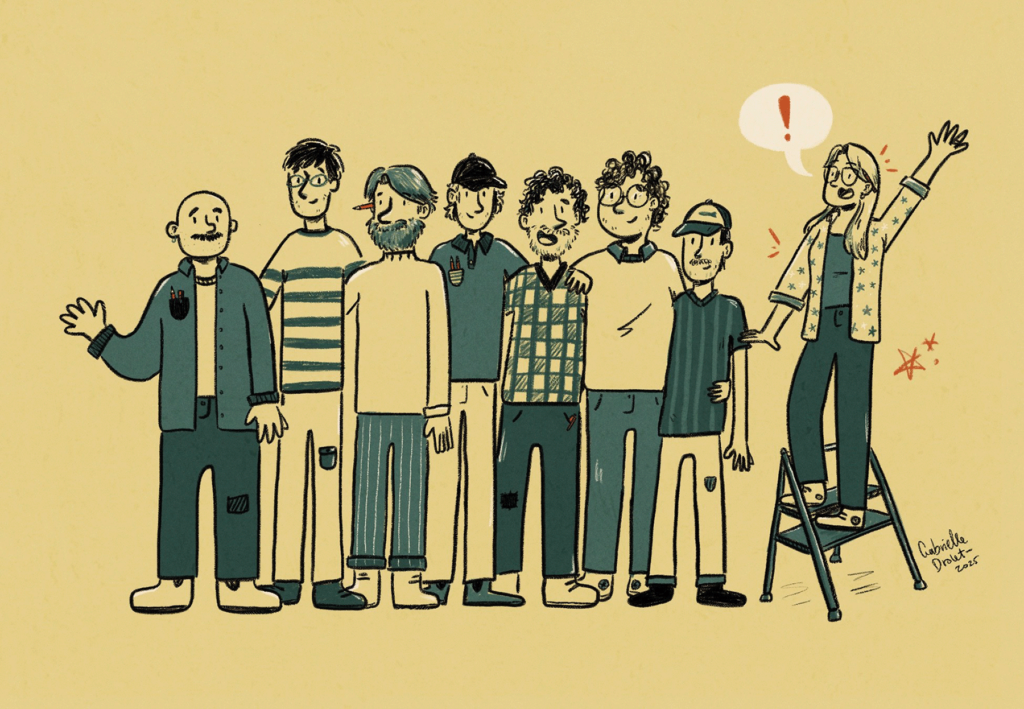Illustration of one woman cartoonist amongst a group of male cartoonists.